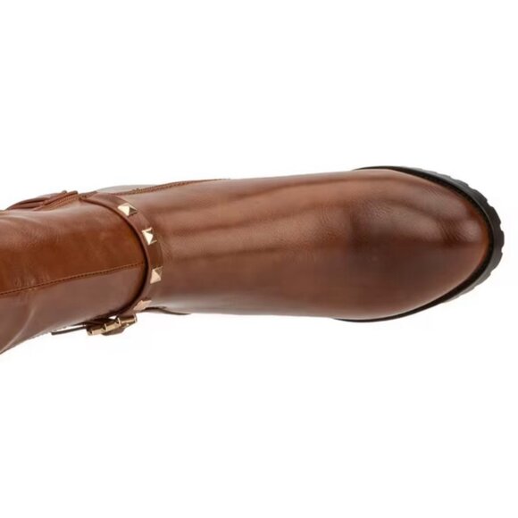 Torgies Womens 6 Cognac Brown Faux Leather Riding Boots With Gold Studded Strap - Picture 11 of 16